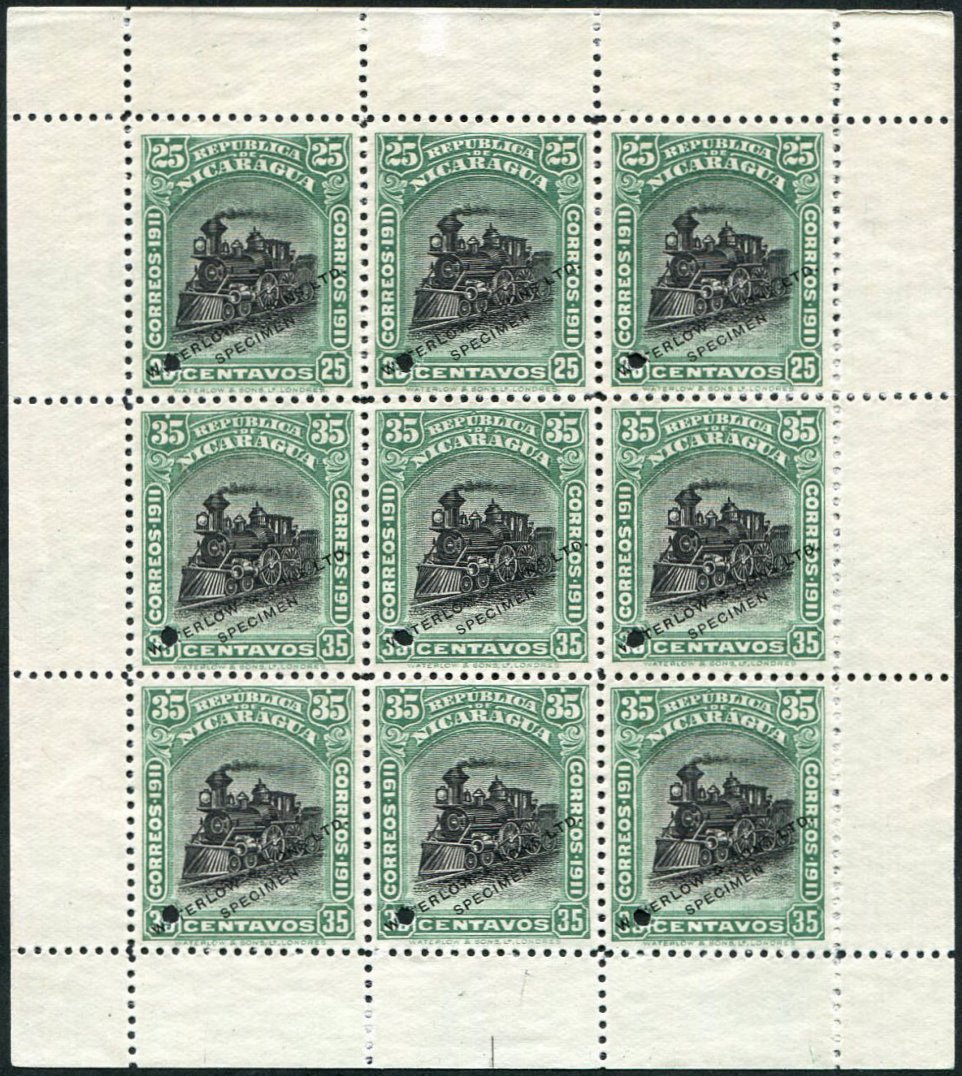 Nicaragua Waterlow Sample Stamps Sheetlet/9 optd Specimen 25c & 35c values in Green & Black